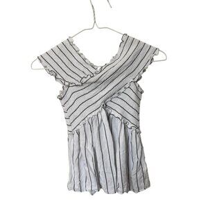 Soprano White and navy striped ruffle top size medium runs close to a small